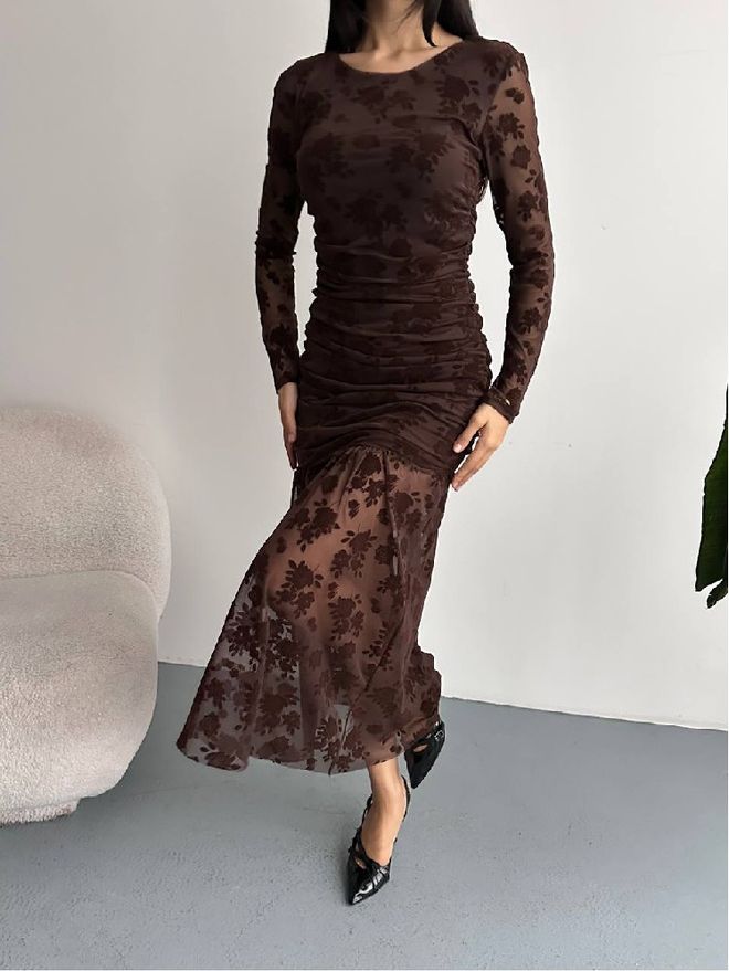 Mistix Кафяв Елегантен Права Рокля С Флорални Мотиви Дрехи на едро Винтидж