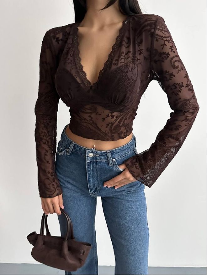 Mistix Bruine Paisley Cropped Blouse Met Slim Fit Groothandel Kleding Casual