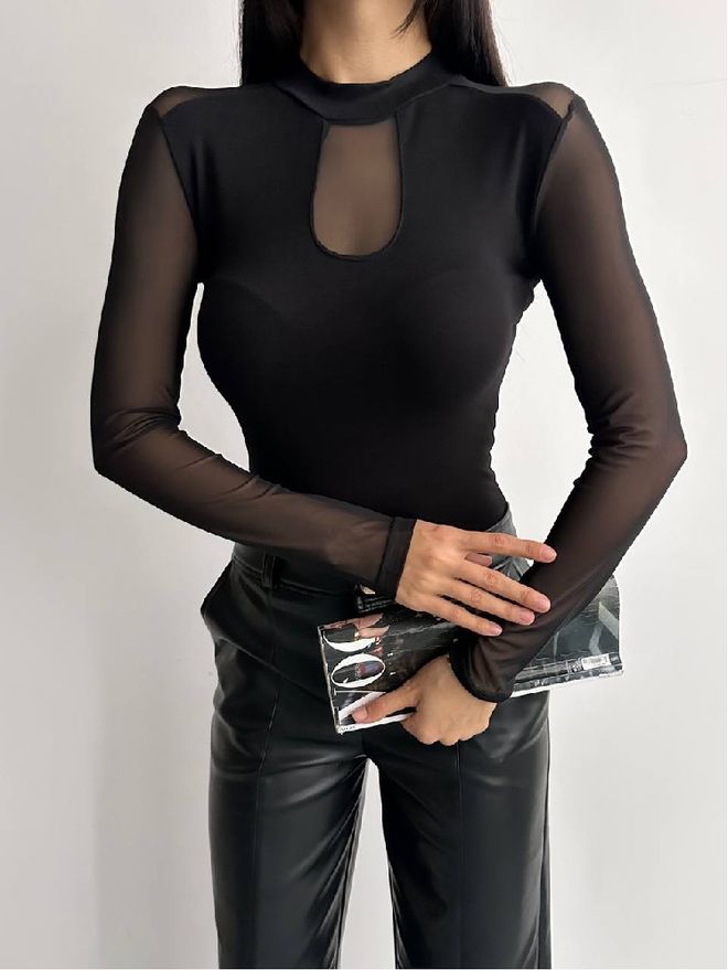 Mistix Zwarte Slim fit Blouse Met Sleutelgat Hals Groothandel Kleding Casual