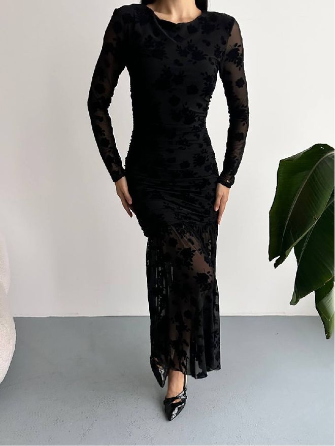 Mistix Siyah Zarif Bodycon Maxi Elbise Toptan Giyim Nostaljik