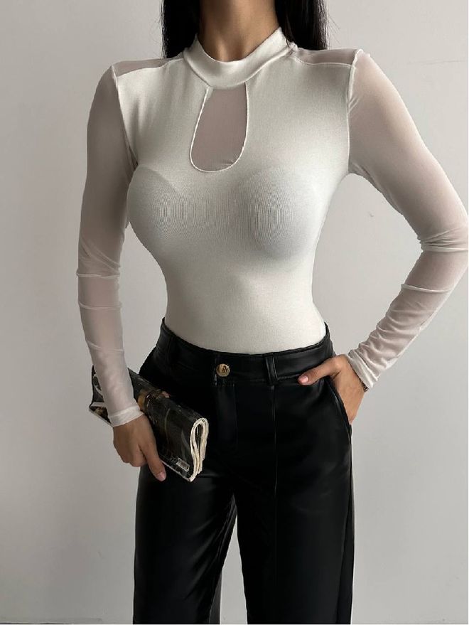 Mistix Бела Блуза Слим Фит Висок Нецк Дугачак Рукав Велепродаја одеће Неформалан