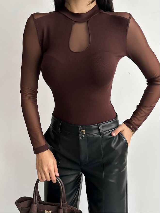 Mistix Brązowa Bluzka Seksowna Elegancka Na Co Dzień Dopasowana Z Długim Prostym Rękawem I Dekoltem Typu Keyhole Hurtowa sprzedaż odzieży Casual