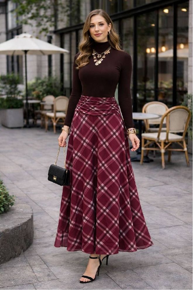 Mistix Μπορντό Φούστα Μάξι Με Καρό Μοτίβο Χονδρικό εμπόριο ενδυμάτων Απλό