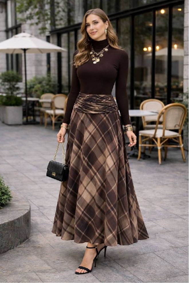 Mistix Καφέ Καρό Φούστα Μάξι Καμπάνα Με Ψηλόμεσο Χονδρικό εμπόριο ενδυμάτων Casual