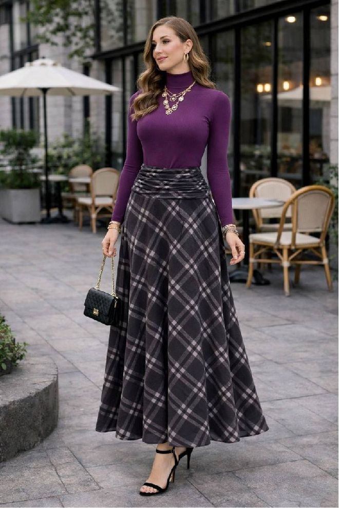 Mistix Φούστα Γκρι Καρό Φαρδιά Μάξι Ψηλόμεση Με Τύπου Pull On Κλείσιμο Χονδρικό εμπόριο ενδυμάτων Απλό