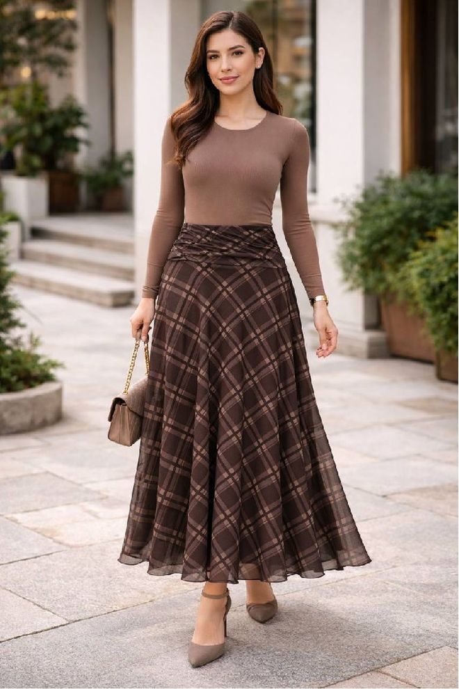 Mistix Καφέ Κομψό Φούστα Μάξι Φαρδιά Ψηλόμεση Χονδρικό εμπόριο ενδυμάτων Απλό