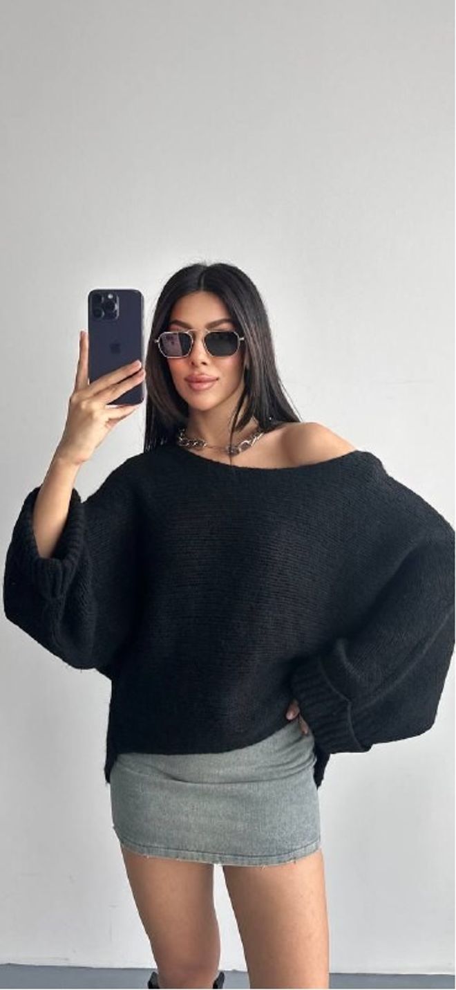 Mistix Zwarte Oversized Blouse Met Pofmouwen Groothandel Kleding Casual