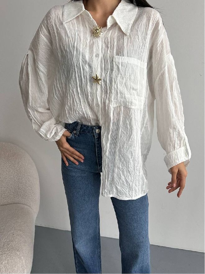 Mistix Ασπρο Casual Κομψό Πουκάμισο Με Notched Λαιμόκοψη Χονδρικό εμπόριο ενδυμάτων Casual