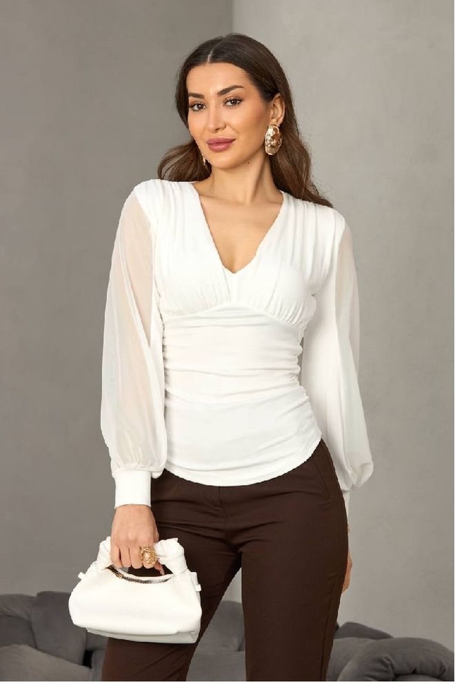 Mistix Chemisier Blanc Élégant Ajusté Avec Manches Ballon Vêtements en gros Décontracté