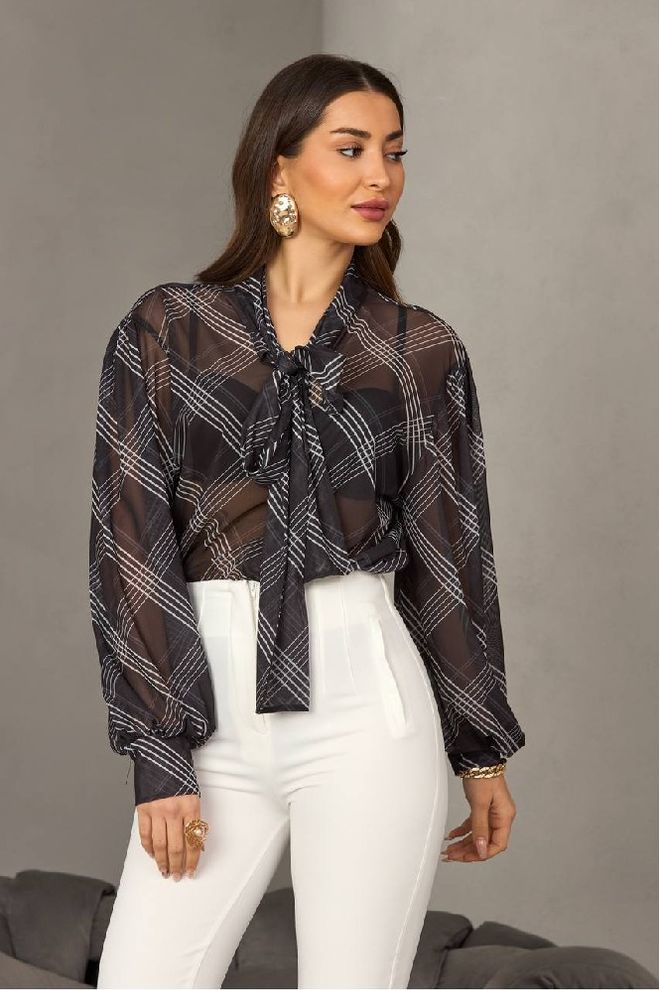 Mistix قميص أسود أنيق منقوش ملابس بالجملة كلاسيكي