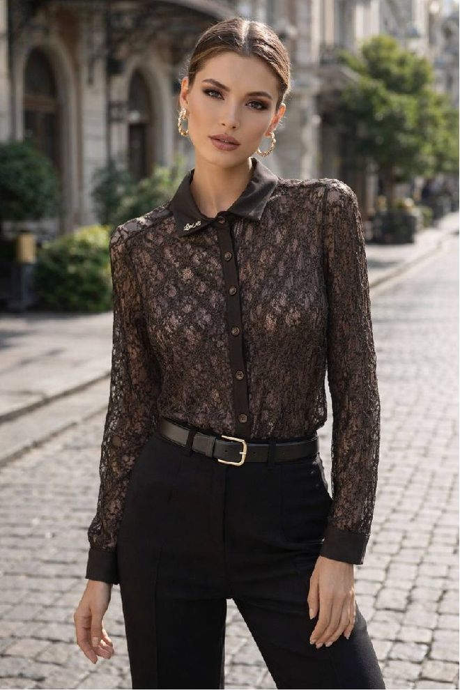 Mistix Chemise Noire Élégante Avec Motif Floral Vêtements en gros Sexy