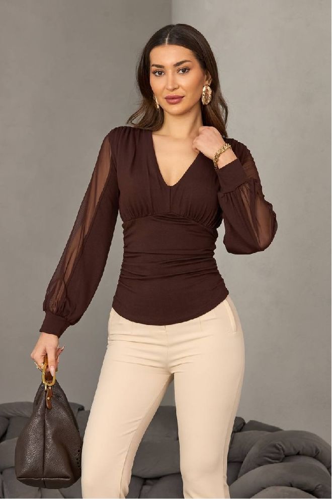 Mistix Элегантная Коричневая Блузка С Длинными Пышными Рукавами Оптовая продажа одежды Сексуальный