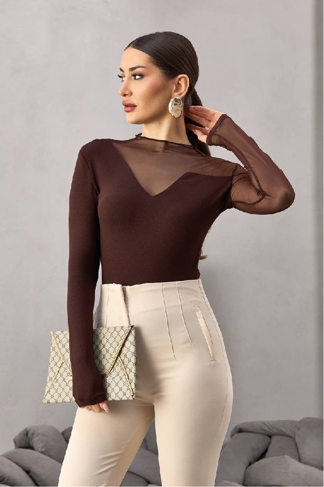 Mistix Bruine Elegante Slim Fit Blouse Groothandel Kleding Sexy