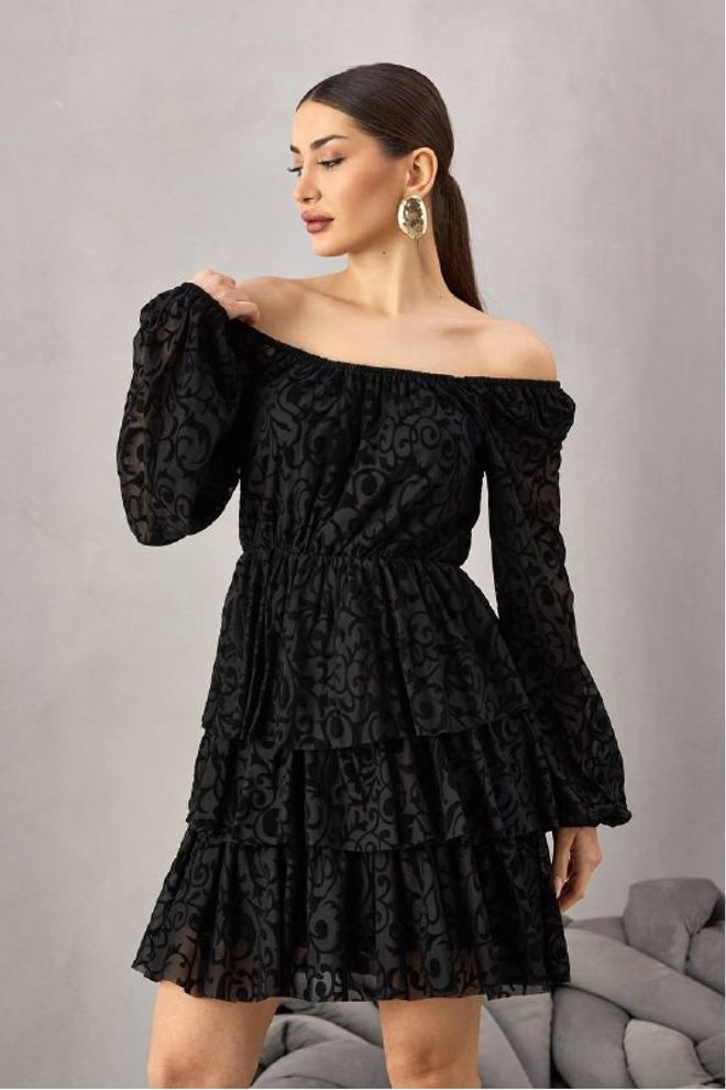 Mistix فستان أسود أنيق وجذاب بقصة تحول ورقبة بدون أكتاف ملابس بالجملة غير رسمي