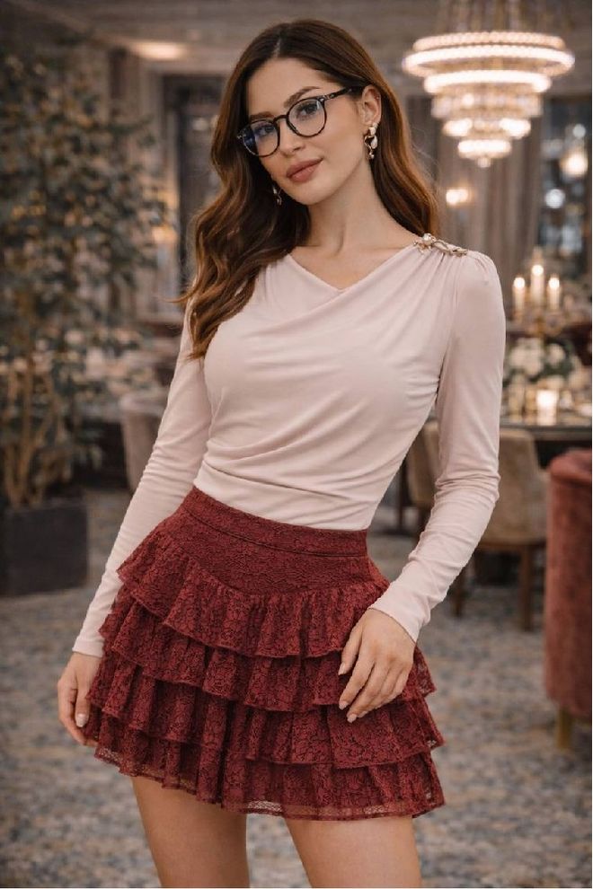 Mistix Falda Rojo Clarete Mini A Capas Con Cintura Alta Ropa al por mayor Casual