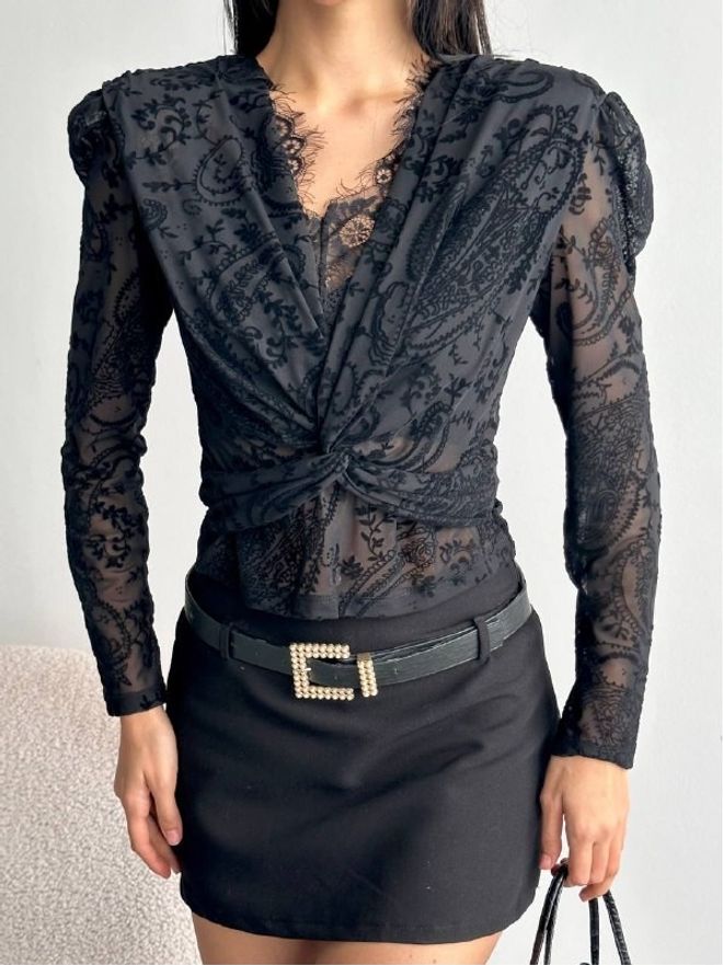 Mistix Chemisier Noir Élégant Glamour Avec Motif Paisley Vêtements en gros Ancien