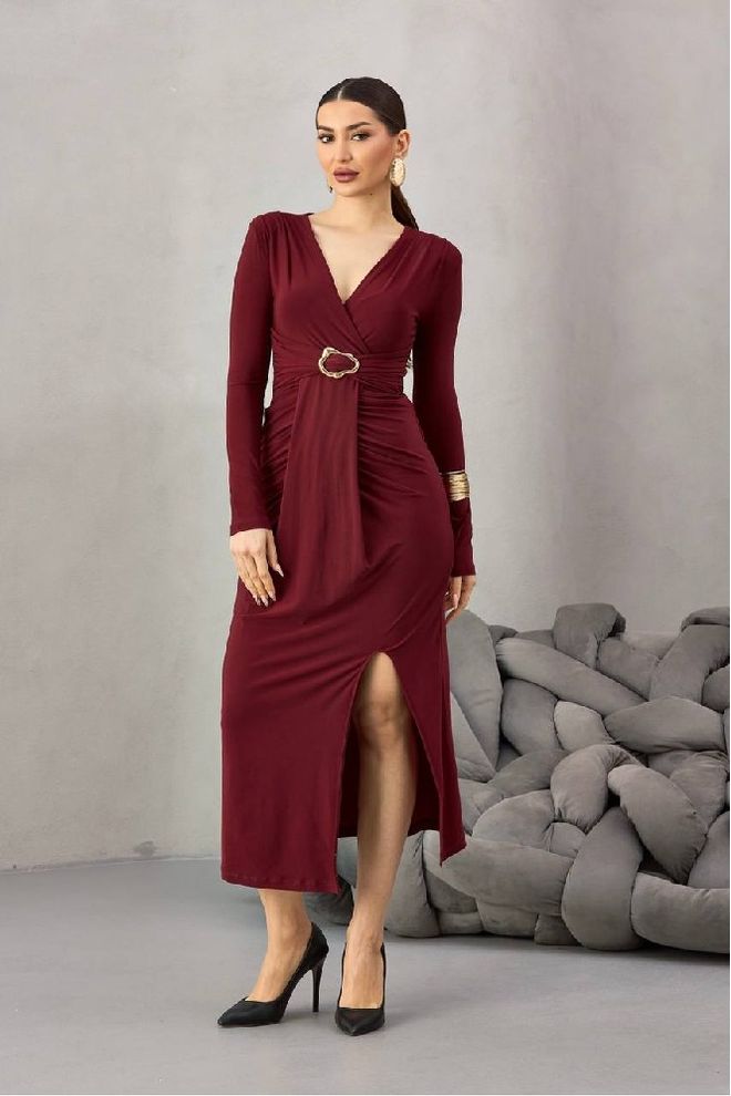 Mistix فستان أرجواني داكن أنيق طوق برقبة على شكل حرف V ملابس بالجملة جنسي