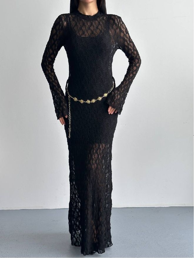 Mistix فستان أسود أنيق بقصة غمد وأكمام طويلة ملابس بالجملة جنسي