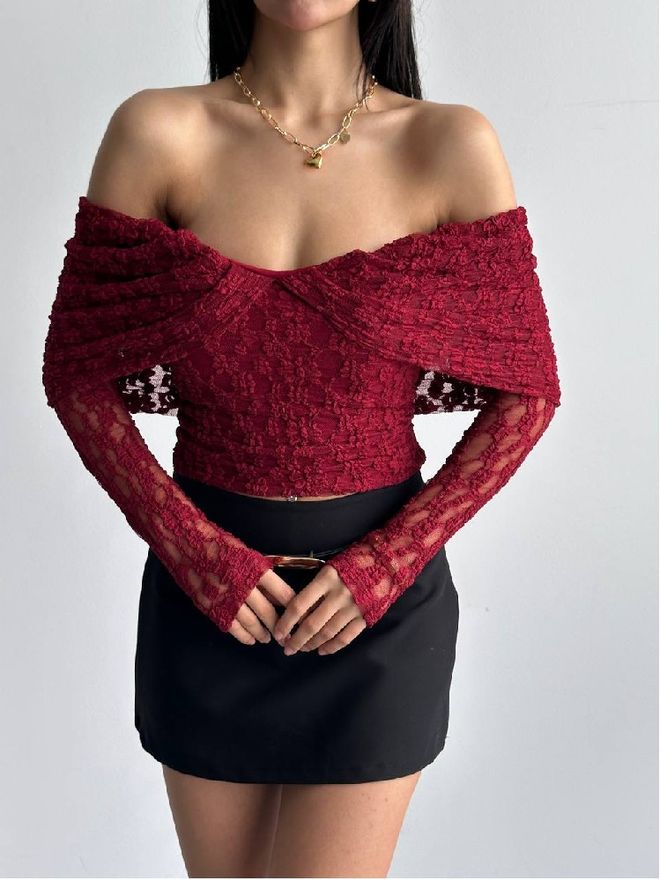 Mistix Блузка Бордовый Красный Приталенная Укороченная С Шеей С Открытыми Плечами Оптовая продажа одежды Винтаж