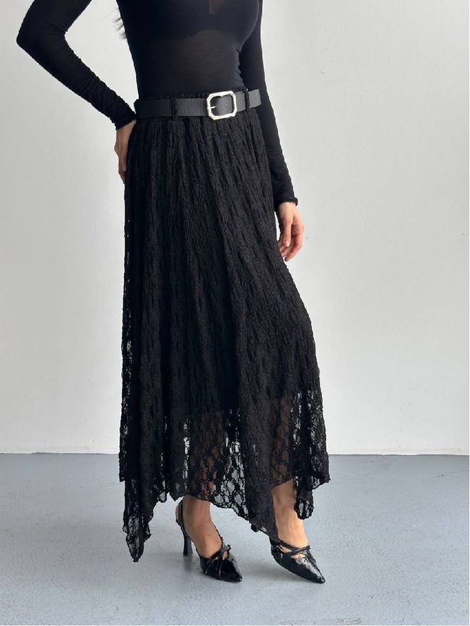 Mistix Schwarzer Eleganter Asymmetrischer Maxi Rock Großhandelskleidung Jahrgang