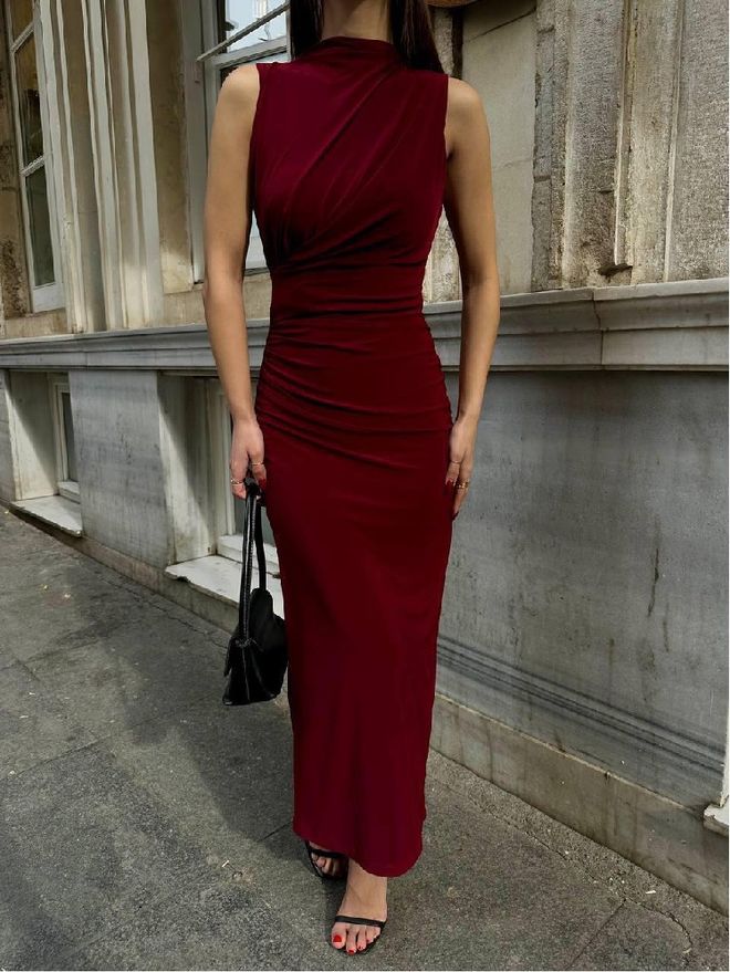 Mistix فستان أرجواني داكن أنيق غمد ملابس بالجملة كلاسيكي