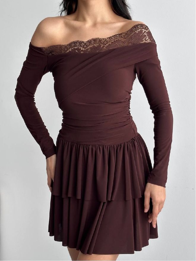 Mistix فستان بني قصير بقصة ضيقة ومتسعة ملابس بالجملة كلاسيكي