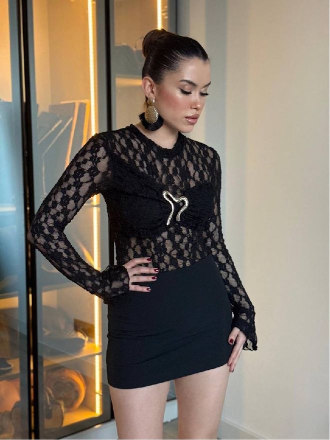 Mistix Noir Body Floral Manches Longues Coupe Étroite Encolure Ronde Vêtements en gros Ancien