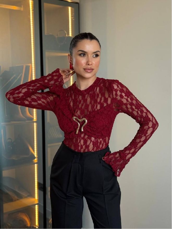 Mistix Sexy Body Rouge Bordeaux Avec Manches Longues À Volants Vêtements en gros Sexy