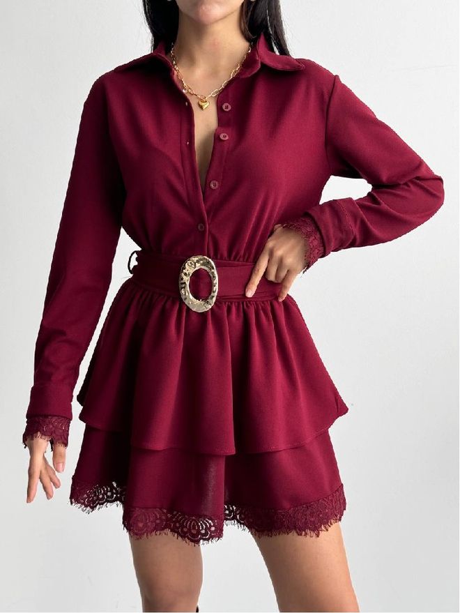 Mistix فستان أرجواني داكن ميني قميص برقبة محززة ملابس بالجملة غير رسمي