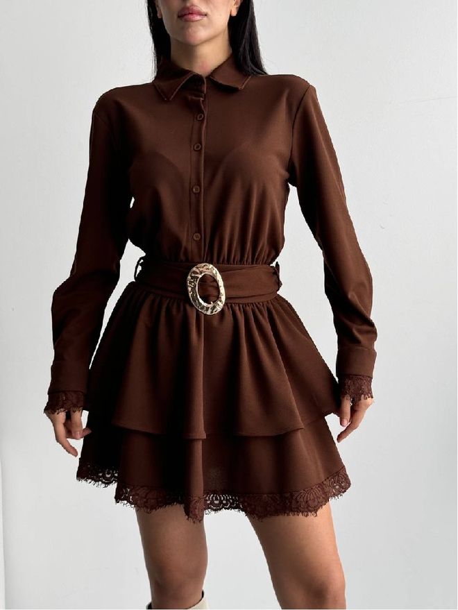 Mistix فستان بني أنيق بقميص برقبة محززة ملابس بالجملة غير رسمي