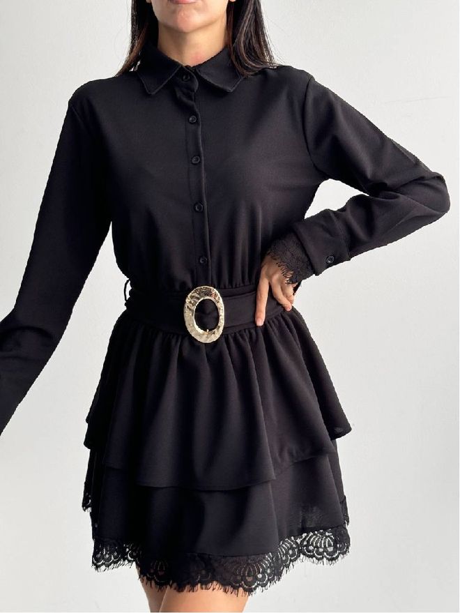 Mistix فستان أسود ميني قميص أنيق برقبة محززة ملابس بالجملة محتشم