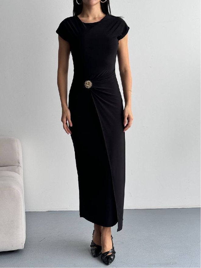 Mistix Czarna Elegancka Sukienka Dopasowana Z Krótkim Rękawem Hurtowa sprzedaż odzieży Seksowny