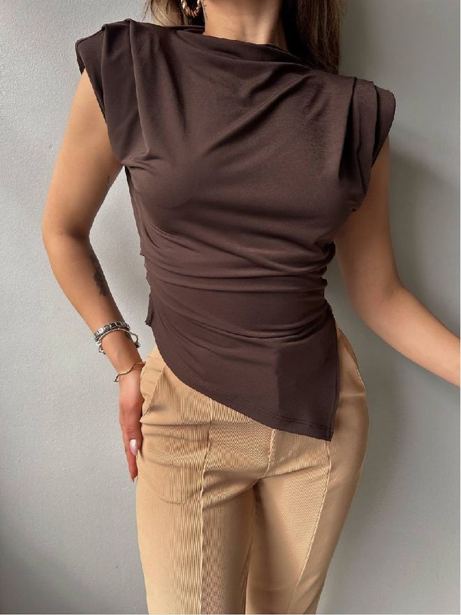 Mistix Smeđa Elegantna Uži Kroj Bluza Sa Šal Ovratnikom Veleprodaja odjeće Ležerni