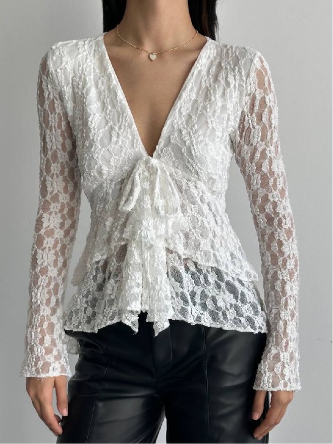 Mistix Бяла Цветна Елегантна Вталена Жилетка С Връзка Дрехи на едро Небрежен