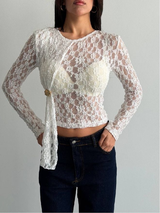 Mistix Ασπρη Κομψή Μπλούζα Με Floral Σχέδιο Και Στενή Γραμμή Χονδρικό εμπόριο ενδυμάτων Σοδειά