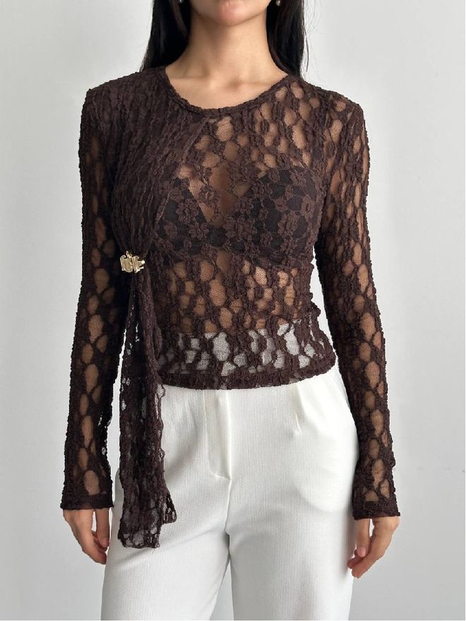 Mistix Καφέ Στενή Μπλούζα Με Λουλουδάτο Σχέδιο Και Στρογγυλή Λαιμόκοψη Χονδρικό εμπόριο ενδυμάτων Casual