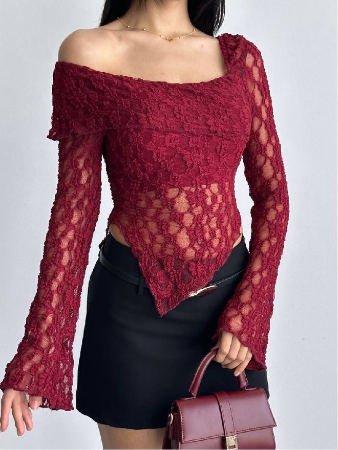 Mistix Блузка Бордовый Красный Сексуальный Элегантный Гламурный Формальный Винтаж Ретро Оптовая продажа одежды Винтаж