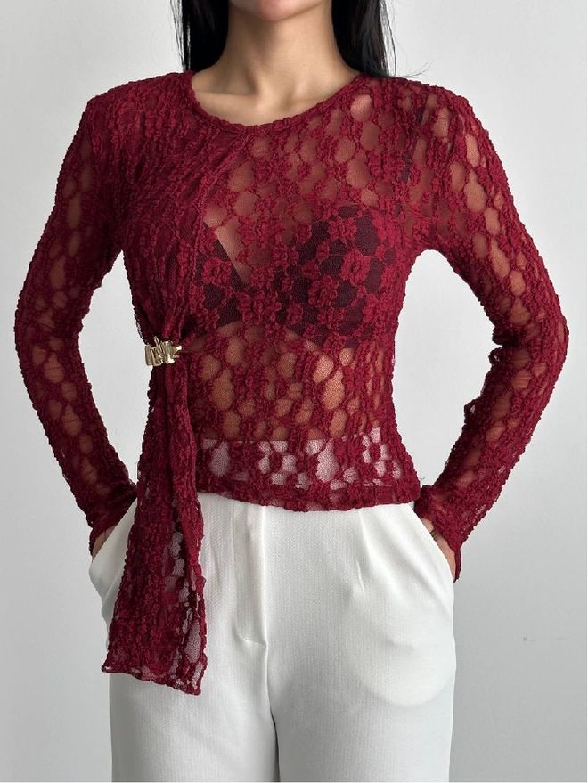 Mistix Μπλούζα Μπορντό Με Floral Μοτίβο Και Slim Fit Χονδρικό εμπόριο ενδυμάτων Σέξι