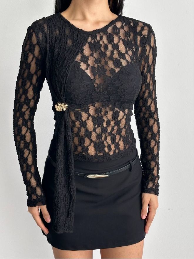 Mistix Blusa Negra Floral Ajustada Con Mangas Largas Ropa al por mayor Antiguo