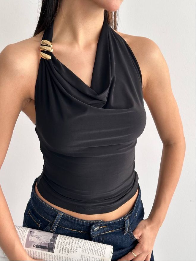 Mistix Blouse Zwart Kapmouw Halter Hals Crop Groothandel Kleding Casual