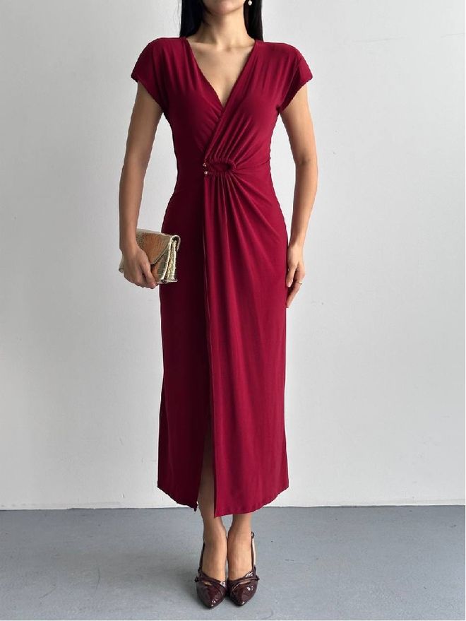 Mistix Vestido Envelopado Rojo Clarete Con Escote En V Y Mangas Cortas Ropa al por mayor Sexy