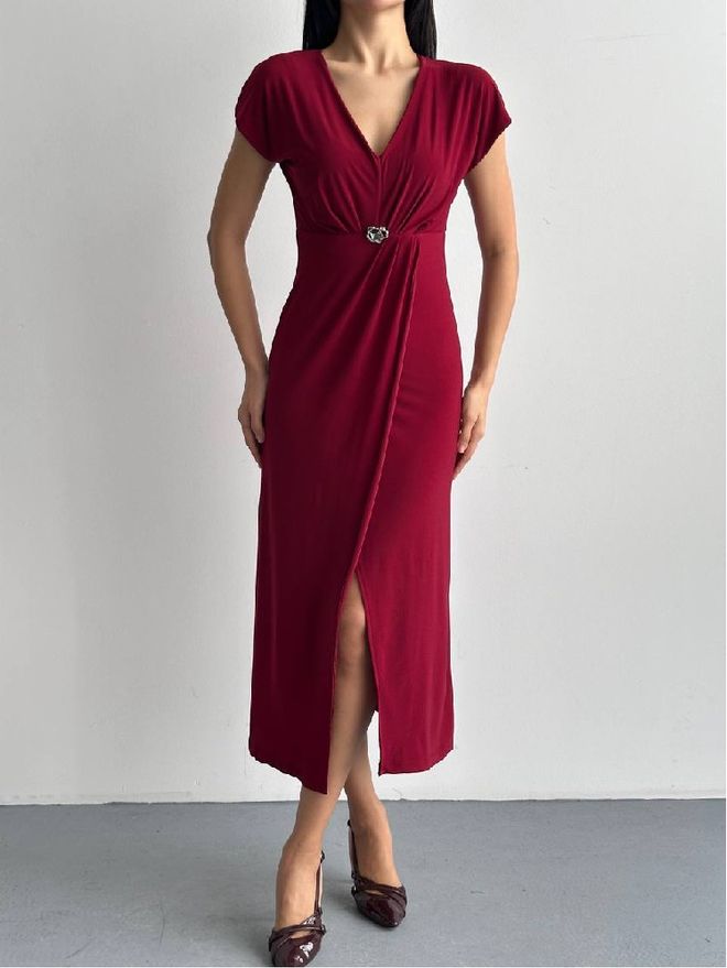 Mistix Vestido Rojo Clarete Envolvente Con Escote En V Y Largo Midi Ropa al por mayor Sexy