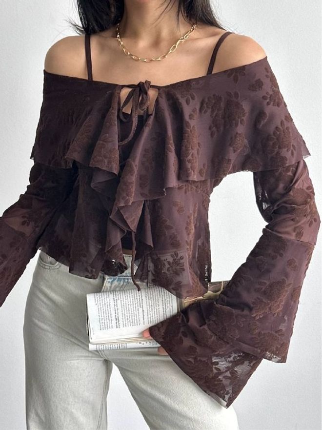 Mistix Элегантная Коричневая Блузка С Цветочным Узором И Рукавами колокол Оптовая продажа одежды Бохо