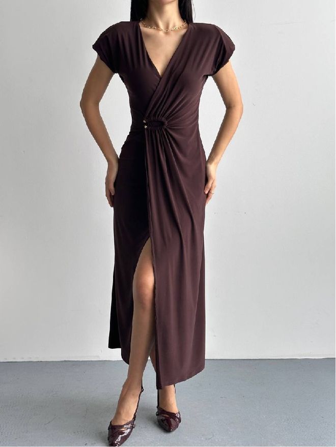 Mistix Elegante Vestido Envolvente Marrón Con Escote En V Y Mangas Cortas Ropa al por mayor Sexy