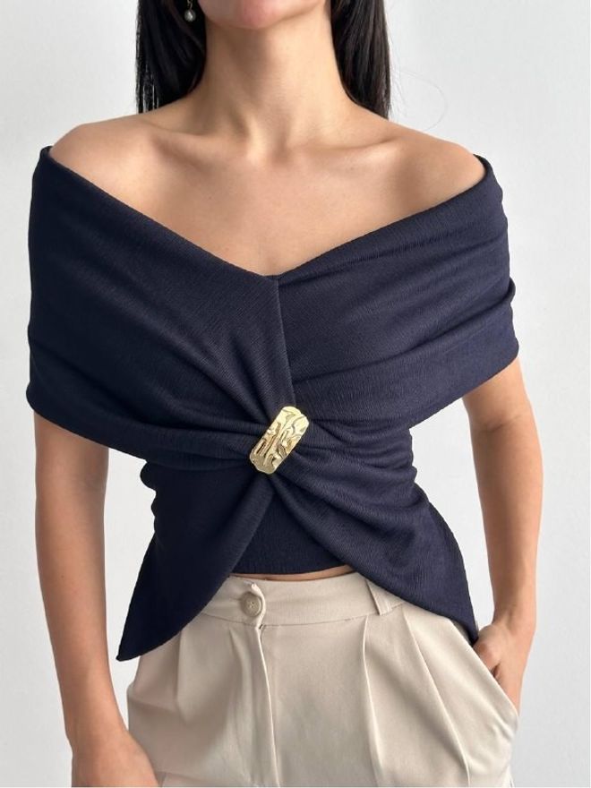 Mistix Блузка Темно синяя С Вырезом Без Плеч Оптовая продажа одежды Повседневный