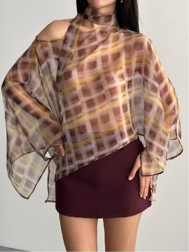 Mistix Tunique Marron À Carreaux À Enfiler Grande Taille Vêtements en gros Décontracté
