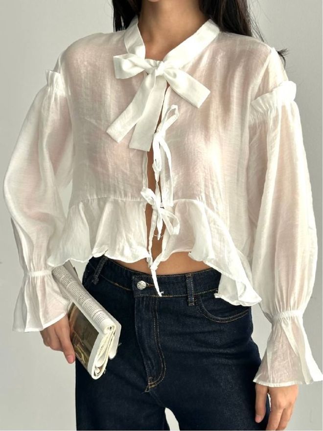 Mistix Biała Casual Krótka Koszula Z Dzwonkowymi Rękawami I Wiązaniem Hurtowa sprzedaż odzieży Casual