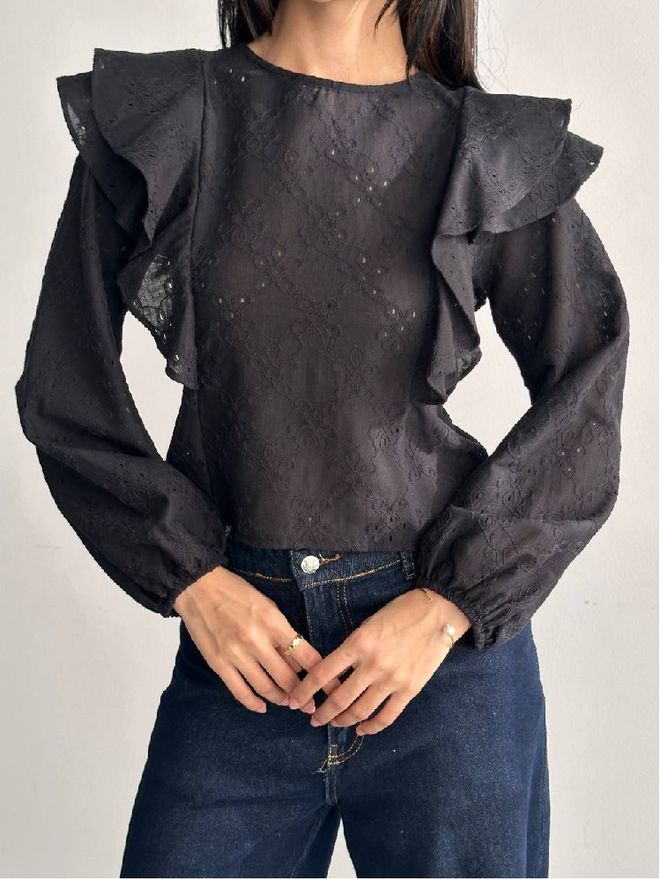 Mistix Elegantna Crna Bluza S Rukavima S Volanima Veleprodaja odjeće Ležerni