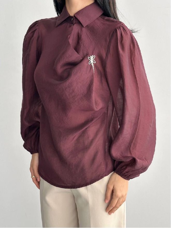 Mistix Koszula Bordowa Czerwień Elegancka Zapięcie Na Guziki Karbowany Dekolt Hurtowa sprzedaż odzieży Casual