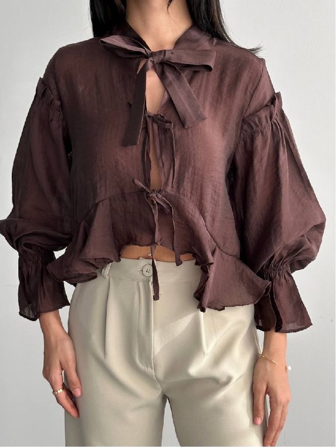 Mistix Brązowa Boho Koszula Z Wiązaniem Krótka Z Falbaniastym Rękawem 3/4 Hurtowa sprzedaż odzieży Casual